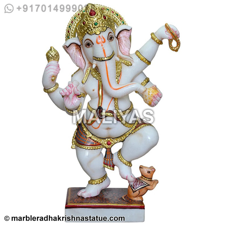 Dancing Ganesh White Marble Statue