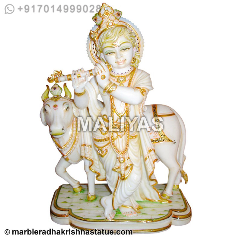 Krishna with cow marble statue