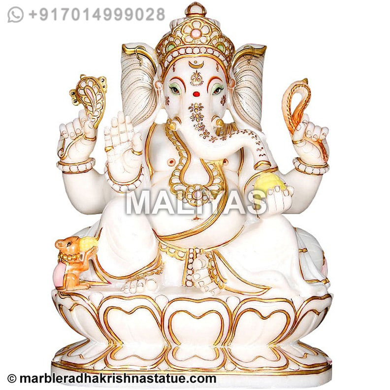 Marble Ganapathi Statue Seated on Lotus
