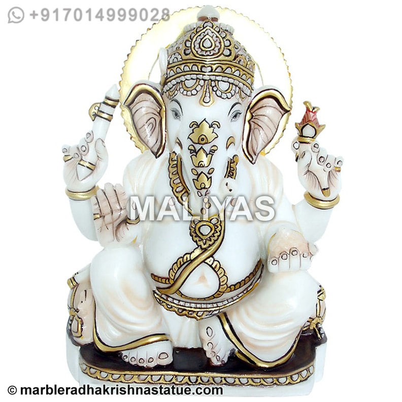 Marble Ganesha Statue with Gold Painting Work