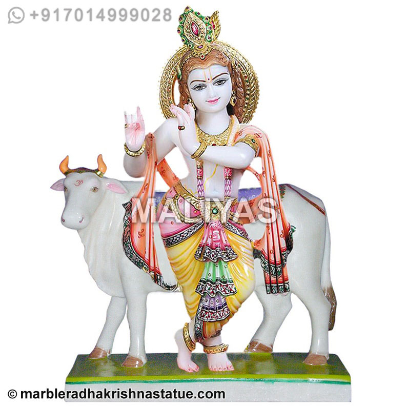 Marble Idol of Krishna Statue with Cow