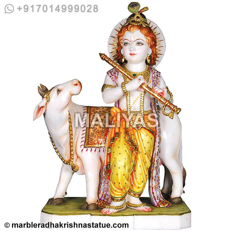 Marble Krishna Statue with Cow