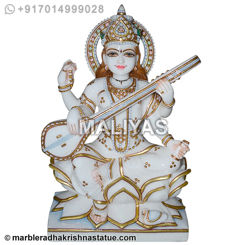 Marble Saraswati Maa Statue On Lotus