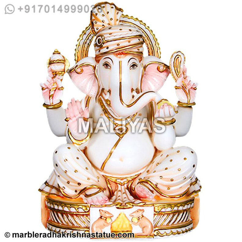 Marble Seated Ganesha With Rat