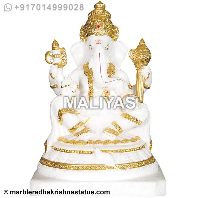 White Marble Ganapathi Statue with real gold plating