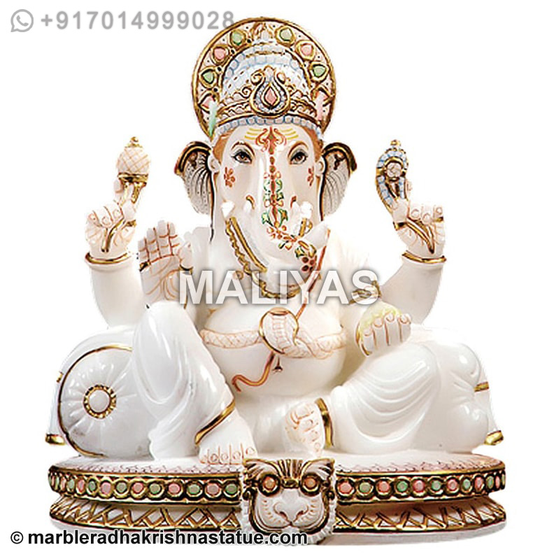 White Marble Ganesh Statues With Gold Ornament