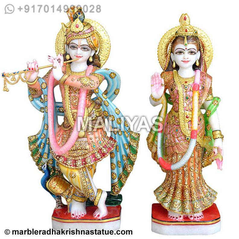 White Marble Radha Krishna Statue with Painting