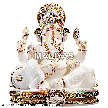 White Marble Ganesh Statues With Gold Ornament