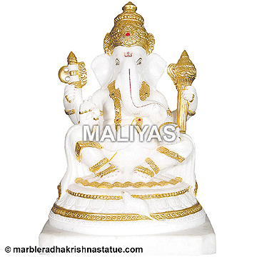 White Marble Ganapathi Statue with real gold plating