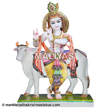 Marble Idol of Krishna Statue with Cow
